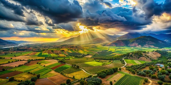 Lamia Valley, Phthiotis, Greece: Aerial Double Exposure of Colorful Fields and Olive Groves