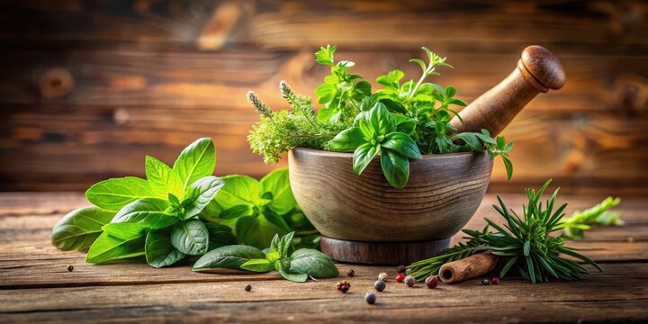 Fresh herbs in a mortar and pestle on a wooden table , mortar, botanicals,  mortar, botanicals