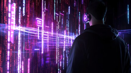 Fototapeta premium A person wearing headphones stands before a digital data wall.