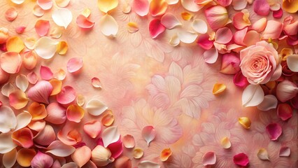 Delicate rose petals scattered on a vibrant floral paper background with intricate patterns and shades of pink, peach, and white colors, roses, delicate petals