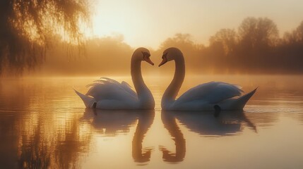 Fototapeta premium Pair of Swans Gliding Gracefully Across a Still Lake