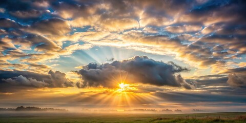 Softly glowing morning light peeks through gaps in a grey cloudy sky, revealing a gentle sunrise over a serene landscape , beautiful sunrise, natural beauty