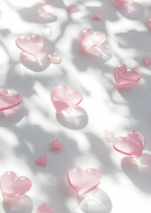 A serene arrangement of pink heart-shaped stones casting soft shadows on a light background.