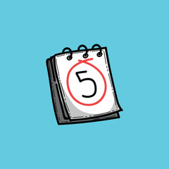 Cartoon illustration featuring a calendar with the date 5 circled prominently, 
set against a simple blue background, symbolizing deadlines, appointments, 
and important dates.