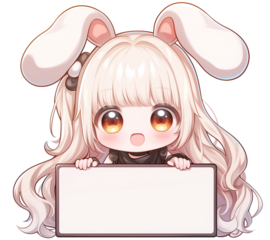 Chibi Bunny Ear Girl with Blank Sign | Cute Transparent PNG Stickers