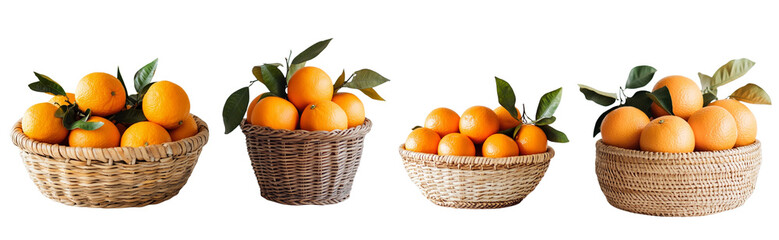 A woven basket containing perfectly round oranges with a few leaves still attached, styled against a minimalist white surface.