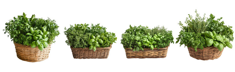 Naklejka premium A rustic basket filled with assorted fresh herbs like parsley, basil, and cilantro, arranged beautifully on a plain white backdrop.