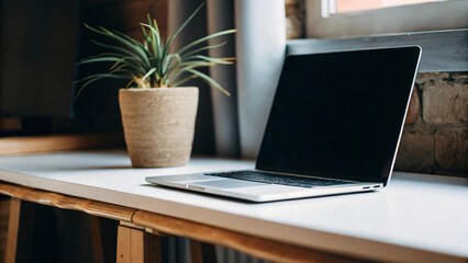 the keyboard of a laptop computer on a desk in a modern office