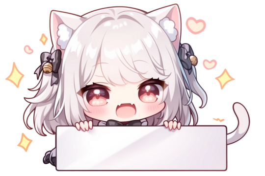 Chibi Cat Ear Girl with Blank Sign | Cute Transparent PNG Stickers - Powered by Adobe