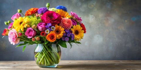 Fototapeta premium Vibrant mix of colorful blooms arranged in a elegant vase, blooms, flowers arrangement