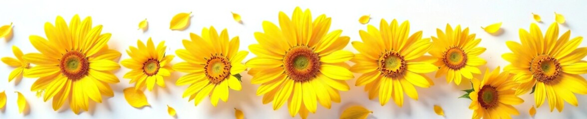 Golden yellow petals of sunflowers against white background, sunflowers, petals, natural world