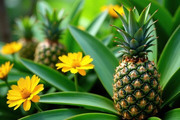 Green pineapple plants with yellow flowers in a tropical garden, flower, plant, flowers