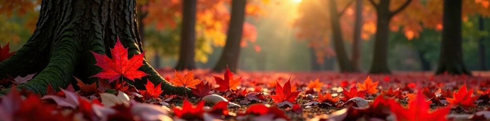 Red maple leaf falls from a sweetgum tree on the ground, landscape photography, forest floor, fall foliage