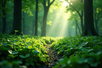 Fototapeta premium Silvery light creeps over dew-kissed forest floor, green, silvery