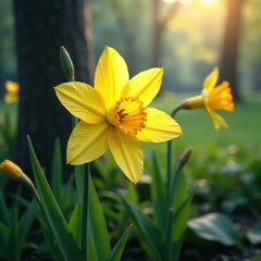 Obraz premium Softly glowing yellow petals sway in spring rain, a fleeting dance of nature's art, autumn flowers, daily life, flowers