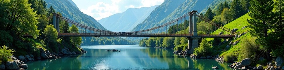 Fototapeta premium Suspension bridge crossing over a tranquil mountain river, tranquil river, metal