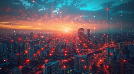 Obraz premium Innovative Smart Grid Technology Illuminates Urban Resilience at Sunset Over Cityscape