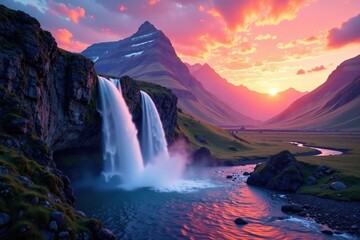 Waterfall cascading from mountains at sunset in abstract landscape, mountain, landscape, water