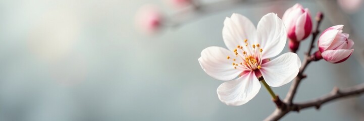 White peach blossom against a soft gray background, serene, soft focus, gentle