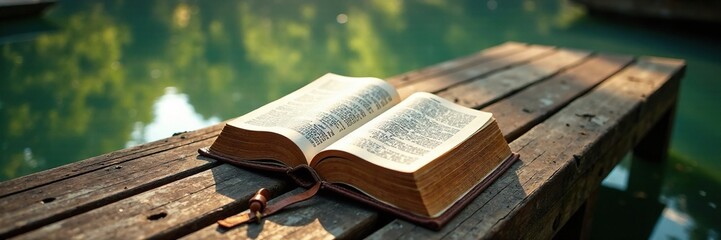 Obraz premium Wooden dock with an open leather-bound Bible on a worn wooden bench, reflection, tree, wood