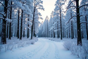 Frosty forest landscape with bare trees and snow-covered ground, cold, serene, landscape