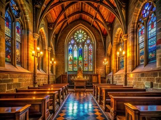 Obraz premium Low Light Church Interior, Sacred Space, Spiritual Atmosphere, Religious Architecture, Candlelight