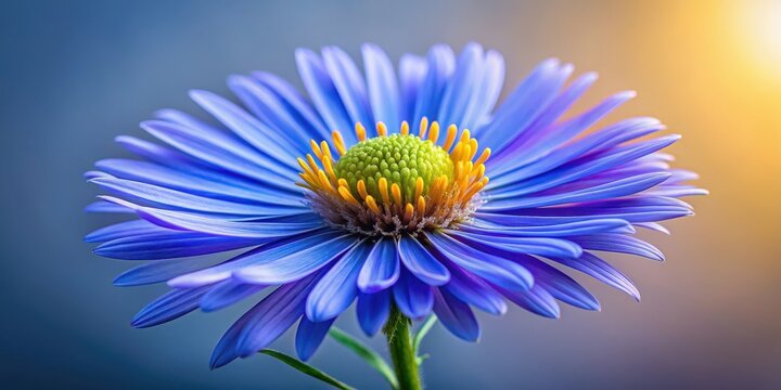 A detailed shot of a blue aster flower's anthesis stage, showing the bloom's precise structure and colors, against a subtle gradient background , flower close-up, blue aster