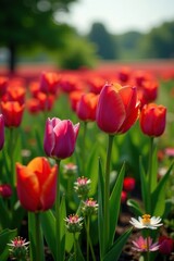 Purple and red Tulips blooming amidst lush green grass and wildflowers on a farm, floral, fields of tulips