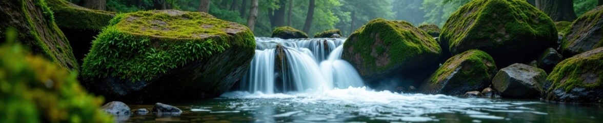 Fototapeta premium Waterfall flows over moss-covered rocks in a misty forest, moss, flow, scenery