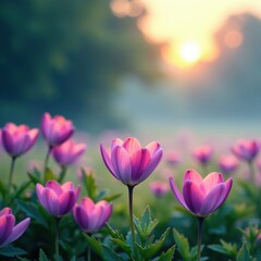 Obraz premium Soft purple petals unfold on a misty meadow at dawn, fog, meadow