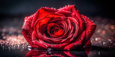 Low Light Heart-Shaped Red Rose with Water Drops - Romantic Stock Photo