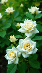 Fresh white roses blooming amidst lush greenery, gardenia, floral