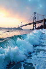 Frozen lake waves crashing against Mackinaw Bridge, winter, frozen lake