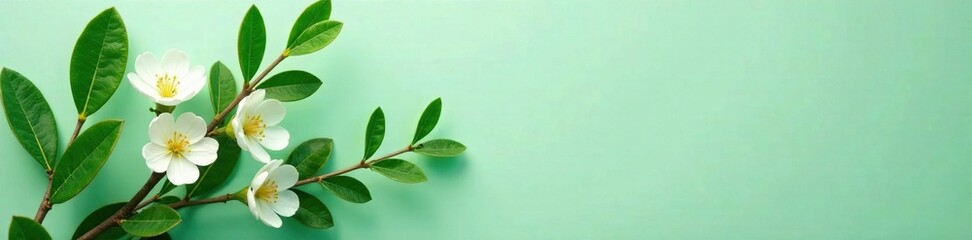 Lush green eucalyptus with delicate white flowers on a fresh mint background, eucalyptus, garden