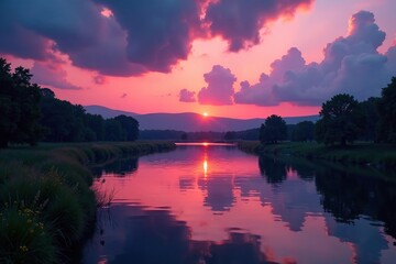 Softly lit red clouds gather above the gentle waters of the small river at dusk, water, river, serene