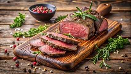 Tasty roast beef slices on a wooden cutting board with fresh herbs and spices nearby , roast, meat slicing,  roast