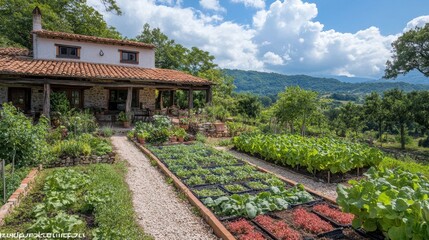 Stone house with lush vegetable garden. Perfect for blogs on sustainable living, gardening, and rural life.
