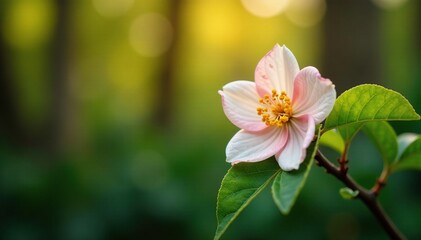 A single Osmanthus flower unfurls its delicate petals against a backdrop of rustling autumn leaves and bare branches, nature, leafy greens, leaves