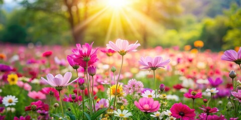 Obraz premium Colorful pink garden flowers blooming in the sun, colorful blooms, flower field