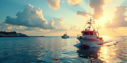 Obraz premium Shrimp boats navigate through serene coastal channel, , serene waters, boat sail