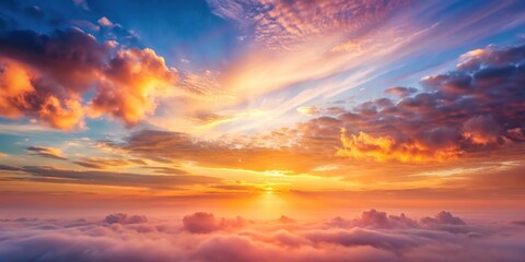 Softly glowing dawn breaks through the horizon as warm light gradually illuminates a serene cloudy sky with hues of pale pink and soft orange hues, dawn break, sun rise