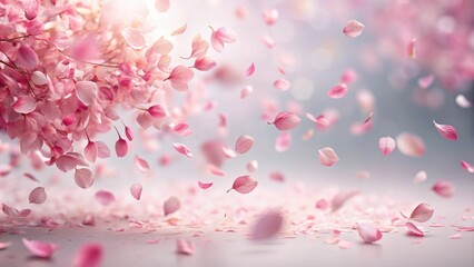 Fototapeta premium Pink sakura petals falling softly in the wind, creating a mesmerizing display of delicate pink hues against a soft white background , background, delicate petals