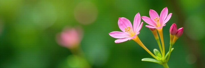 Naklejka premium delicate pink flowers bloom on a yellow stem with green foliage and tightly closed bud, green, buds