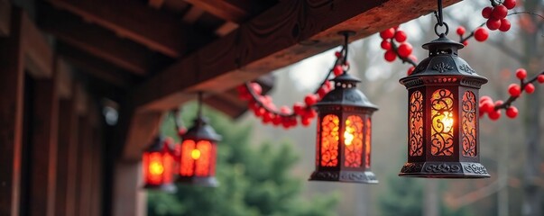 Fototapeta premium Ornate metal lanterns hanging from a rustic wooden beam adorned with red berries, autumn winter, metal lanterns