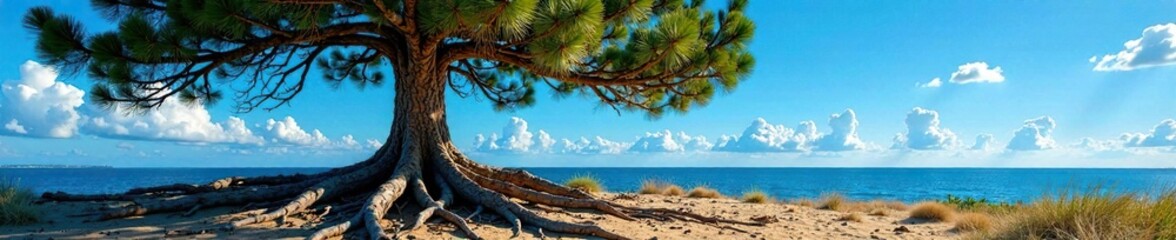 Pine tree roots stretch out from under the vast open blue sky, wood, branches,
