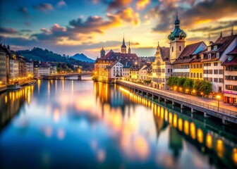 Fototapeta premium Lucerne Old Town Evening Panorama from Chapel Bridge - Tilt-Shift Photography
