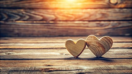 Fototapeta premium Whimsical wooden hearts placed side by side on a rustic wooden table with natural sunlight peeking through the gaps between the planks , vintage, nature