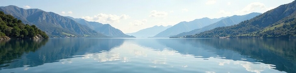 Reflections on calm water with Sardinian mountains in the background, peaceful, lake