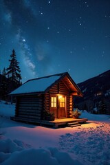 Wooden cabin under starry night sky with twinkling light through wooden planks inside, snow, serene
