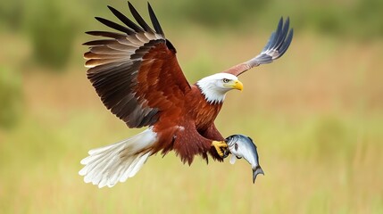Obraz premium A majestic eagle soaring with a fish in its talons.
